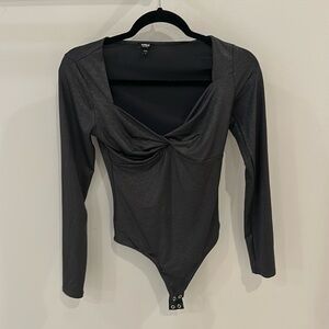 Express body contouring black/silver body suit with thong back